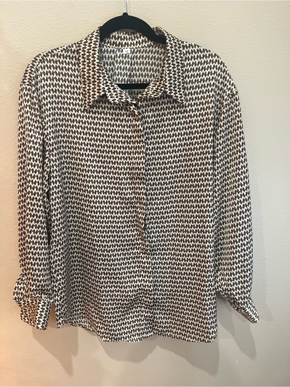 Classic Brown and White Patterned Button-Up Shirt - Women's Top